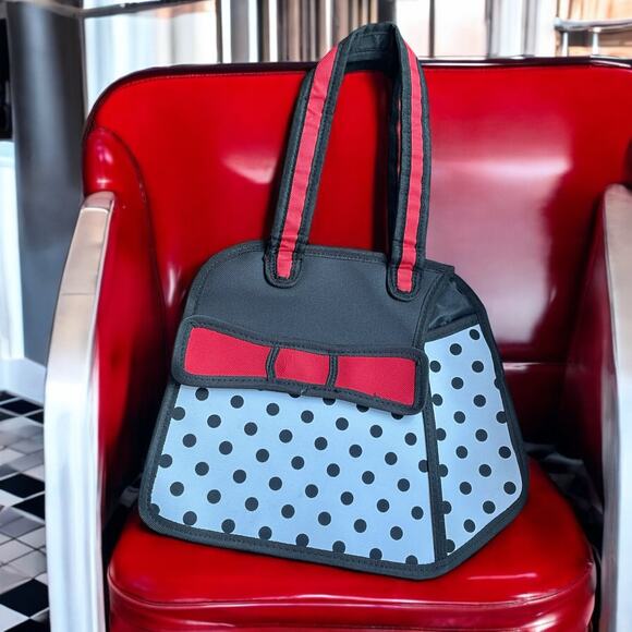 2-D Canvas Handbag Cartoon Comic Strip Black and White Polkadot With Red Bow - Picture 1 of 16